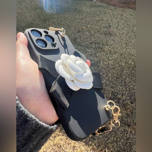 Elegant Chain Strap iPhone 15 pro max Case with White Flower Accent - Picture 6 of 9